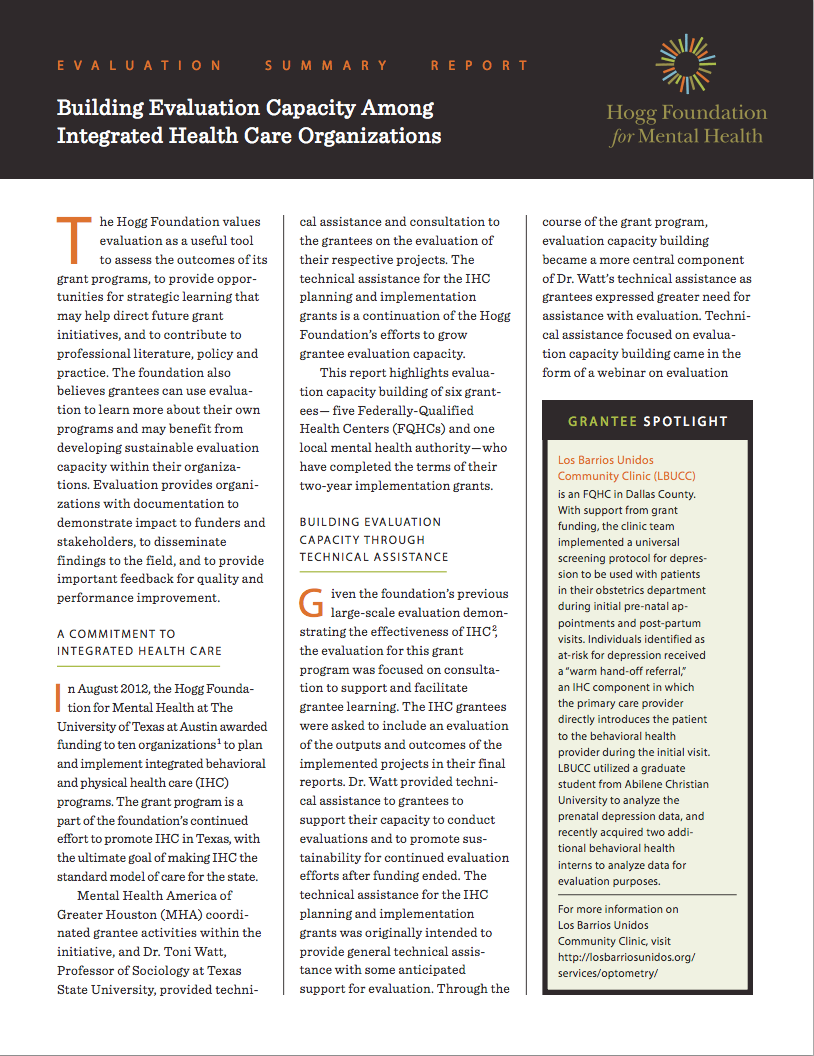 Two Reports Highlight Growing Mental >> Eval Capacity Summary Report Hogg Foundation Two Reports Highlight Growing Mental >> Eval Capacity Summary Report Hogg Foundation