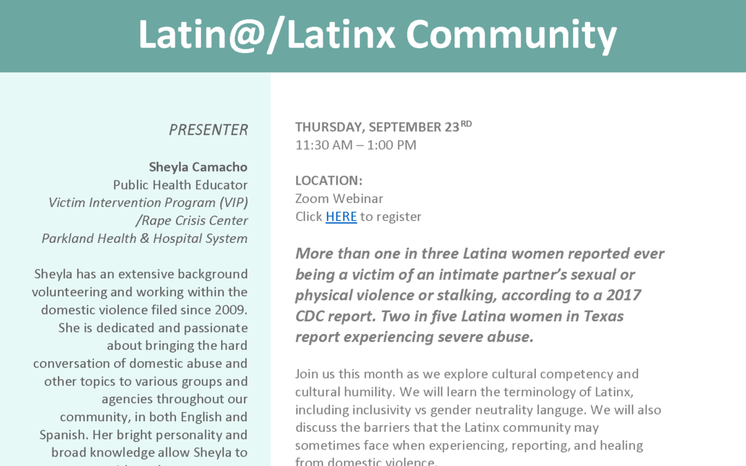Training: Domestic Violence in the Latina/LatinX Community 9/23 (virtual)