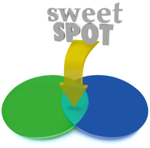 Sweet Spot words and arrow pointing to intersecting overlapping area of two circles in a venn diagram as a targeted market or customer base