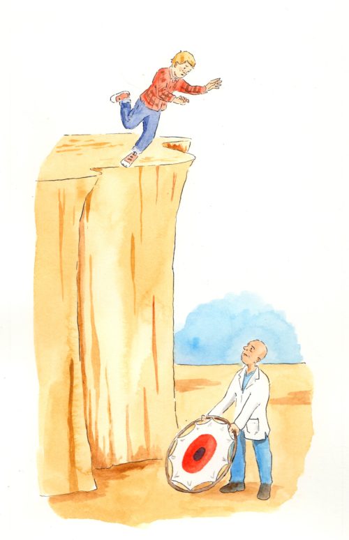 Cartoon of a clinician holding a target underneath a young man about to fall over a cliff