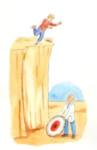 Illustration of man on the ledge of a cliff and a man holding a small trampoline below