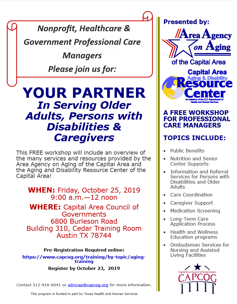 Poster for free workshop for professional care managers, 10/25/19