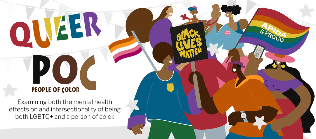 Queer POC (People of Color) graphically showing a diverse group with pride colors.