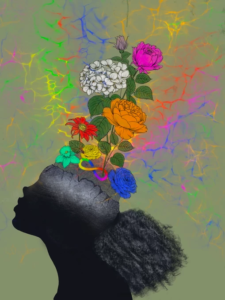 A silhouette of a Black girl with her natural hair in a ponytail. Her forehead and exposed brain are made of concrete, yet flowers, neurons, and the symbol for neurodiversity are sprouting from her brain.