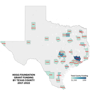 Map showing Hogg Foundation grant finding by counties in Texas 2017-2022.