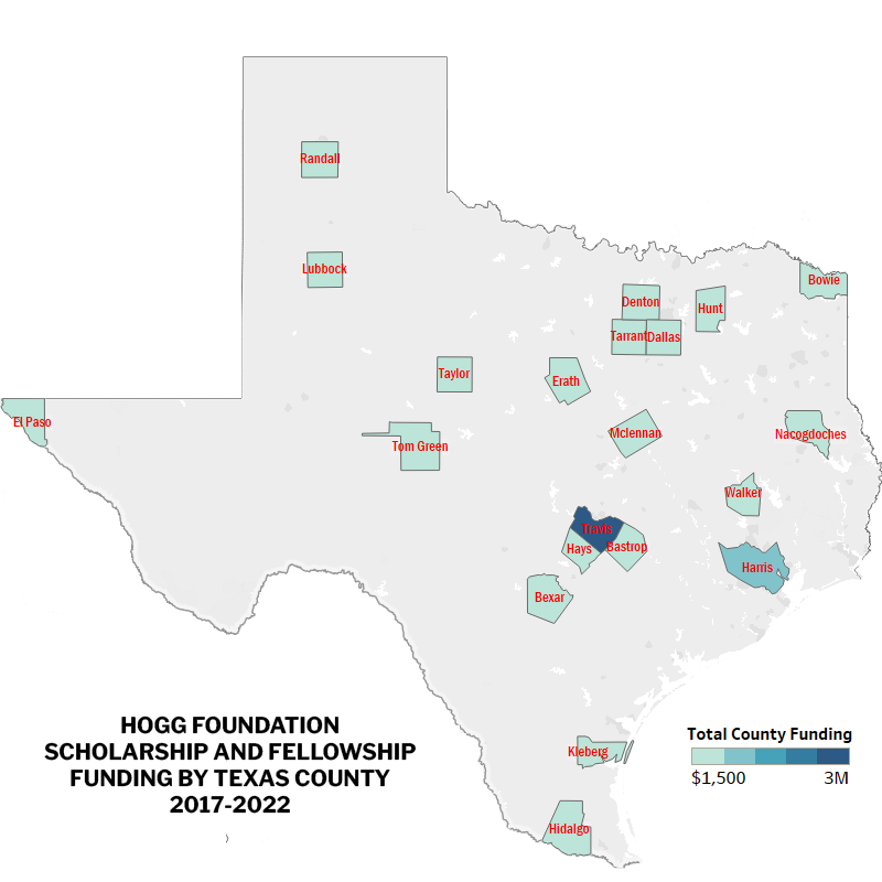 Map showing scholarship and fellowship funding 2017-2022 by Texas counties.