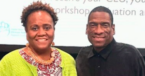 Hogg Foundation director of programs, Vicky Coffee, and keynote speaker, Thabiti Boone, at the 2023 Central Texas African American Family Support Conference