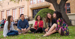 School of Social Work students sit outside under a tree