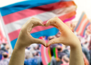 Hands in heart shape in front of transgender pride flag.