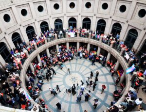 Texans protest the Trans bathroom bill outside the senate committee hearing on SB-6