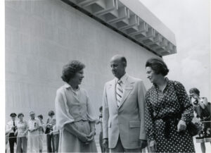 First Lady Rosalynn Carter and Dr. Wayne Holtzmann, executive director of the Hogg Foundation, seen together at the inaugural Robert Lee Sutherland Seminar in 1978.