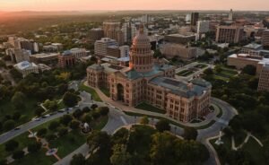 color photo of Texas state capitol building and grounds viewed from above