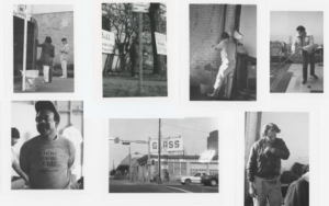 A collage image of black and white photos of the Austin unhoused population, taken from the report, "Understanding the Homeless."