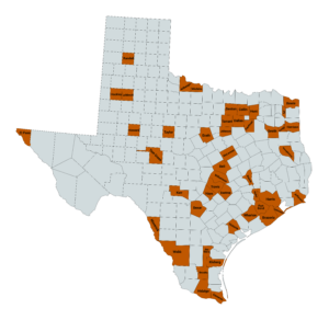 Texas Counties map highlighting active grant locations.