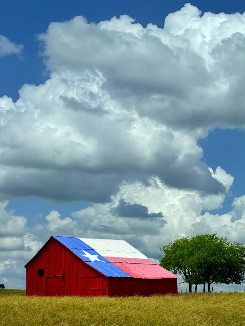 Ban with Texas flag paint on tin roof in front of a blue sky.
