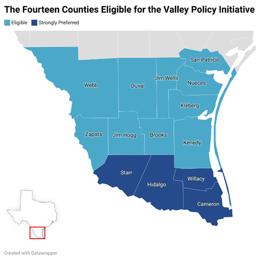 The counties eligible for the VPI are Brooks, Cameron, Duval, Hidalgo, Jim Hogg, Jim Wells, Kleberg, Nueces, San Patricio, Starr, Webb, Willacy, or Zapata counties. We have a strong preference for applicants in the Rio Grande Valley (Cameron, Hidalgo, Starr, or Willacy County).