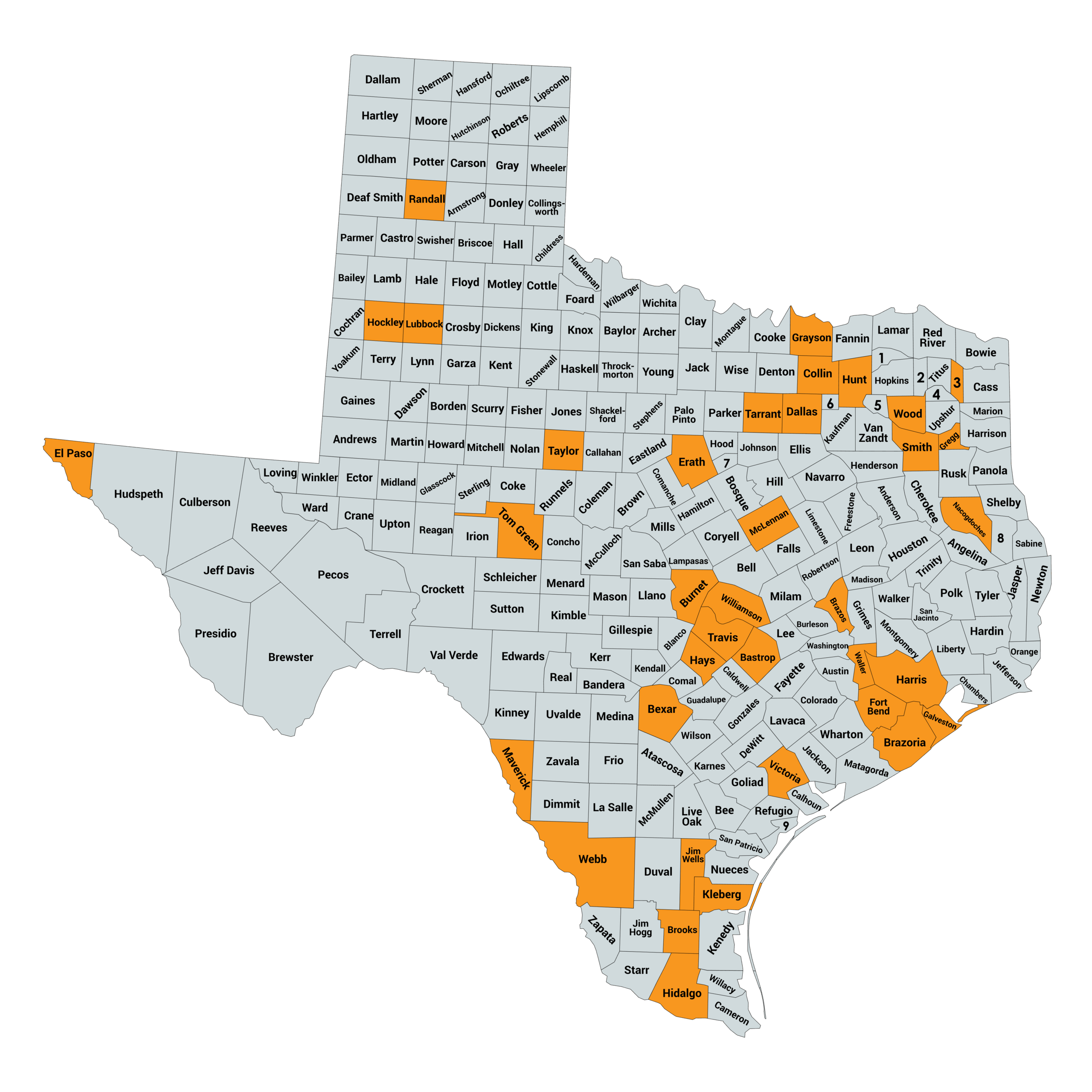texas-counties-highlight-names Fiscal Year 2024-25 Grantee Partner Counties