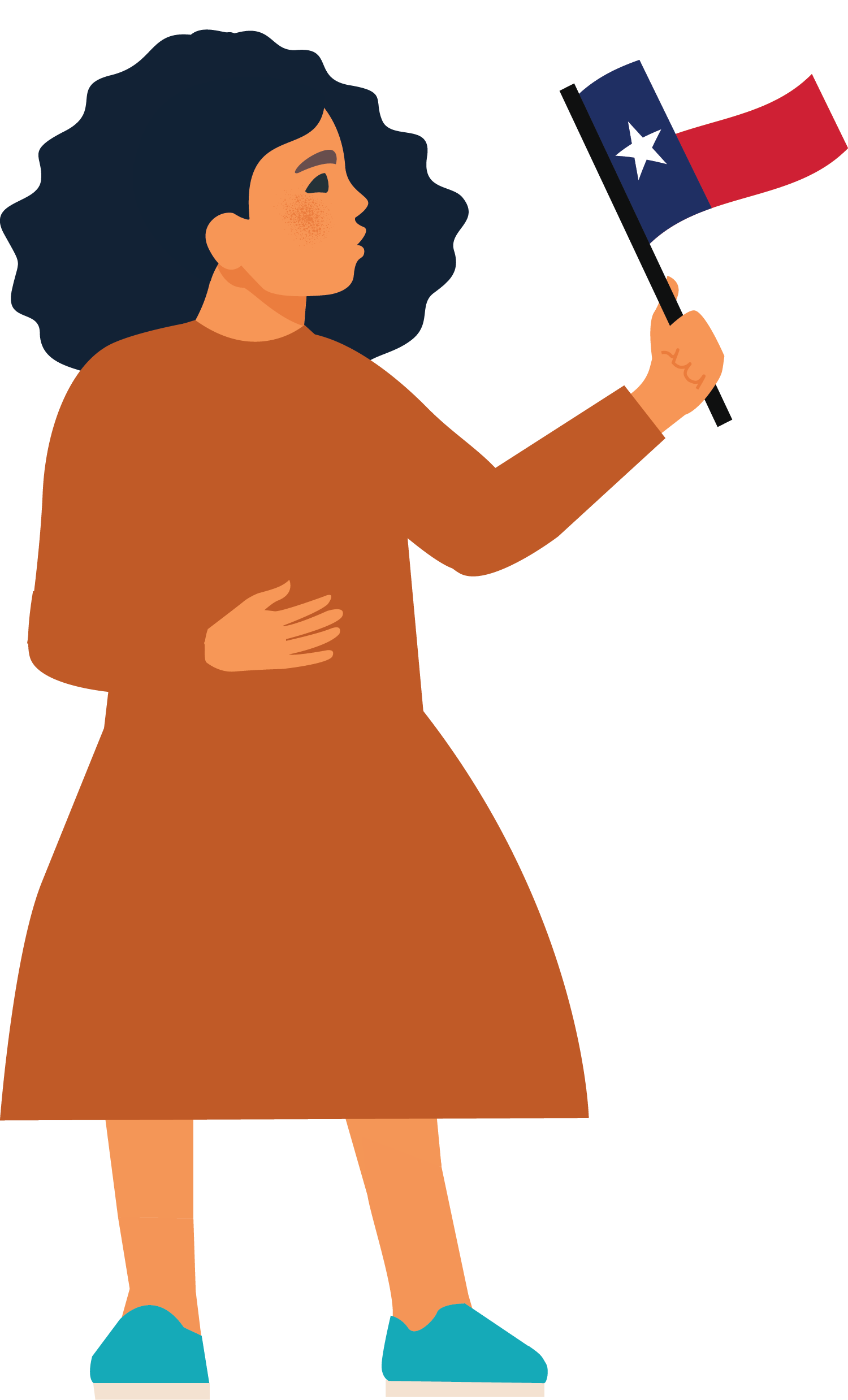 graphic of girl in burnt orange dress waving a Texas flag