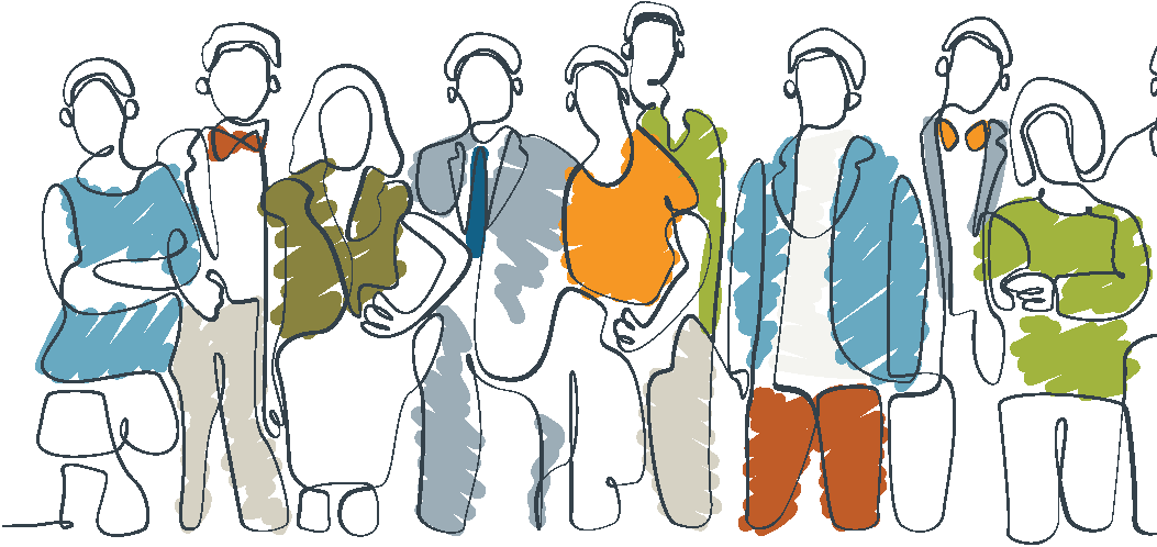 Line drawing of group of people with spot of vibrant colors.